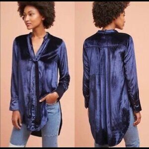 Anthropologie Maeve Blue Crushed Velvet Tie Neck Shirt REGENCYCORE